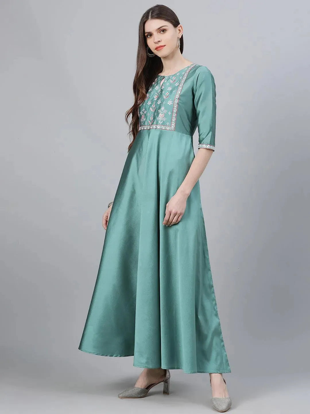 Green Solid Chanderi Dress With Dupatta - Libas 