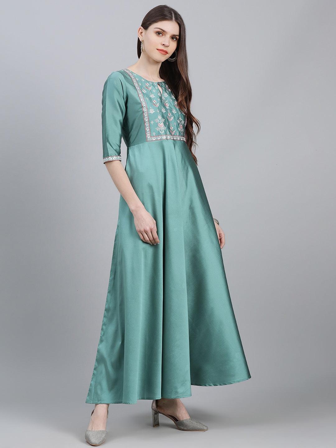 Green Solid Chanderi Dress With Dupatta