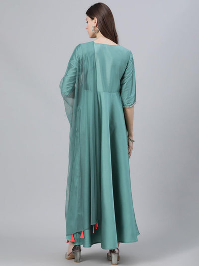 Green Solid Chanderi Dress With Dupatta - Libas
