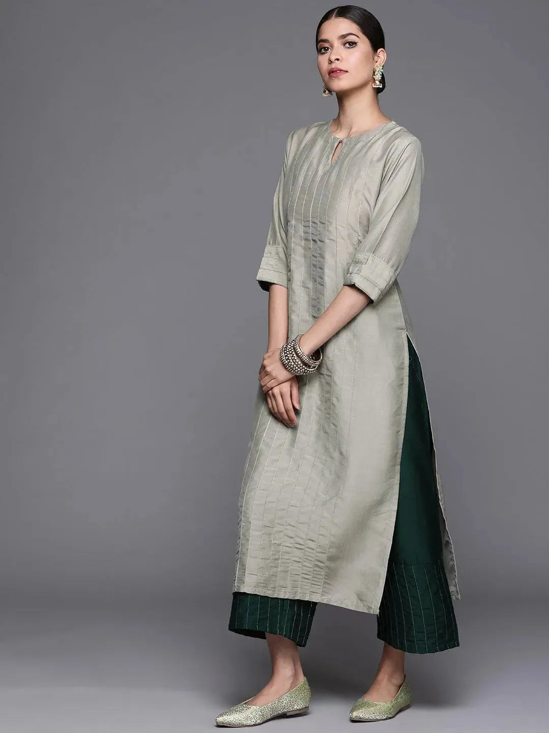 Green Solid Chanderi Silk Kurta - Libas