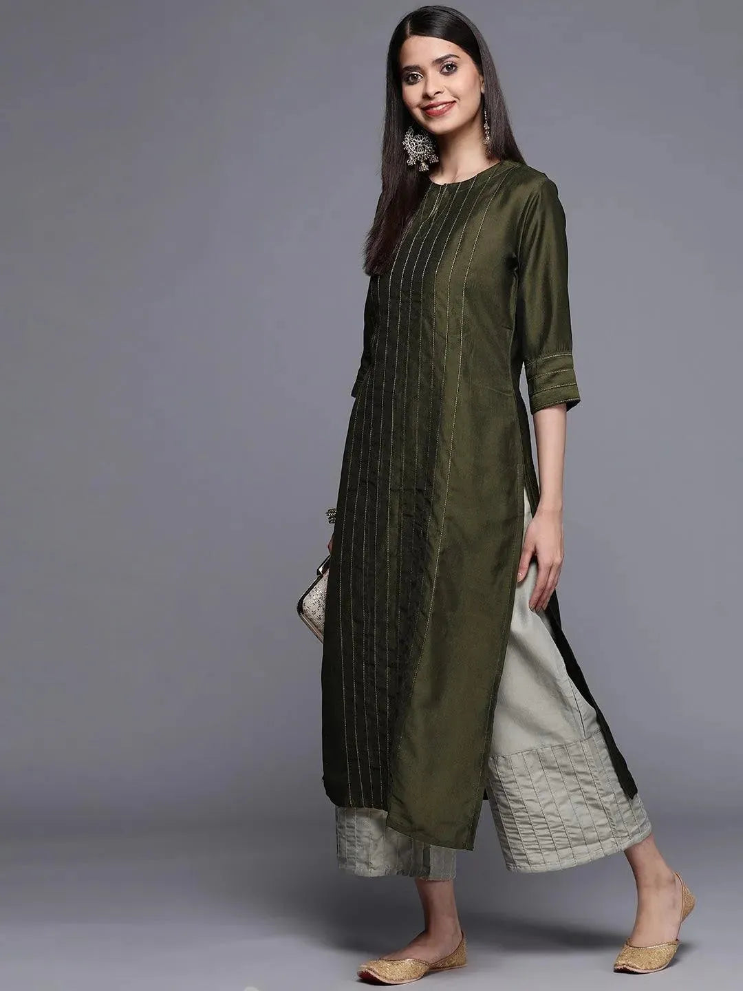 Green Solid Chanderi Silk Kurta - Libas 