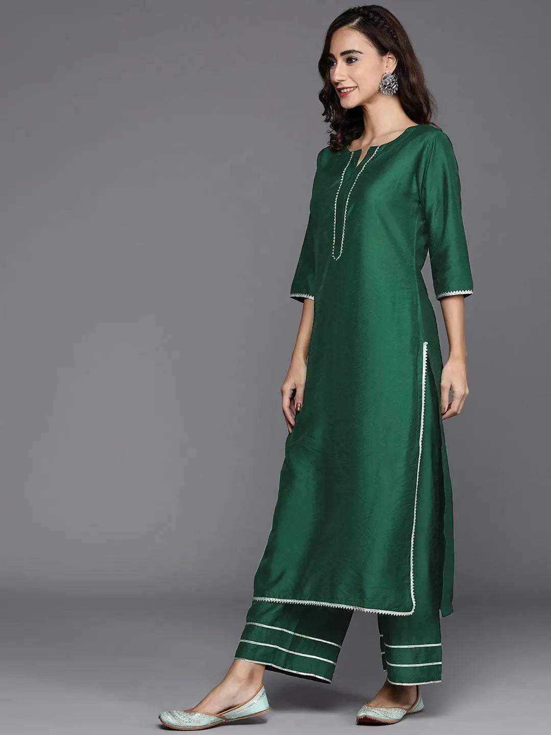 Green Solid Chanderi Silk Suit Set - Libas 