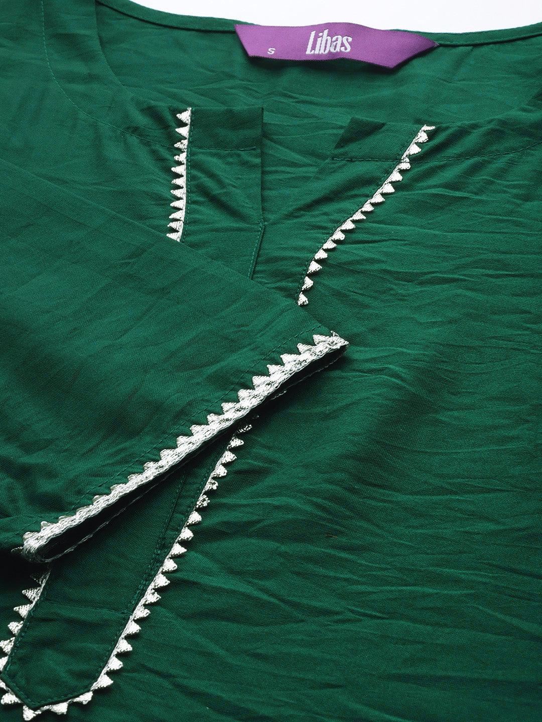 Green Solid Chanderi Silk Straight Kurta With Palazzos & Dupatta