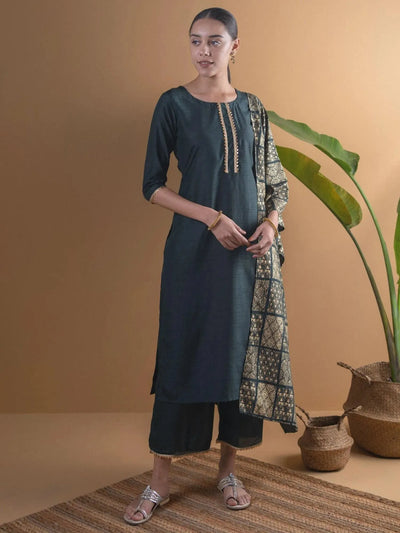 Green Solid Chanderi Suit Set - Libas