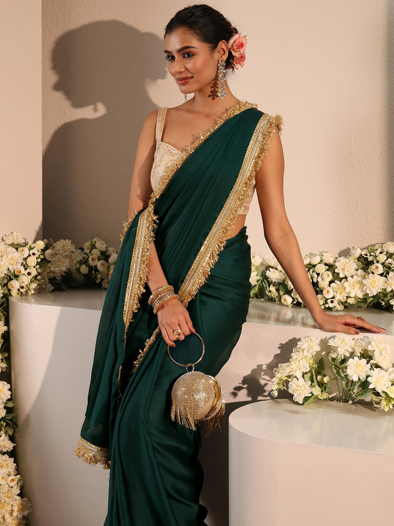 Libas Green Solid Chiffon Saree With Unstitched Blouse Piece