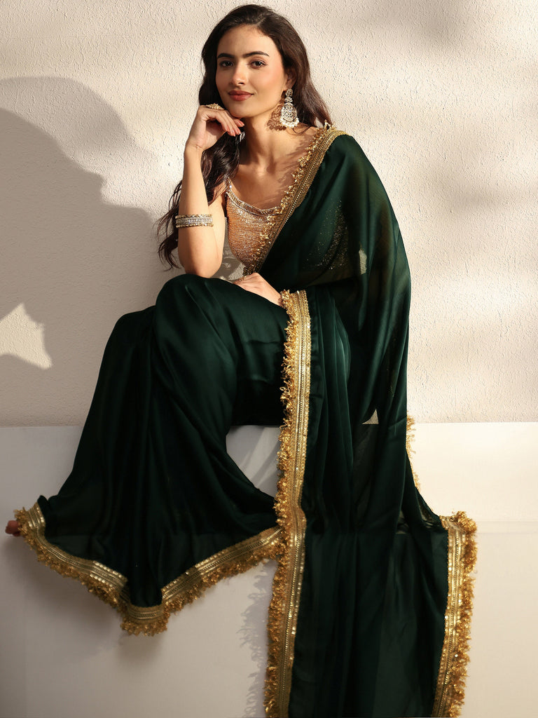 Libas Green Solid Chiffon Saree With Unstitched Blouse Piece