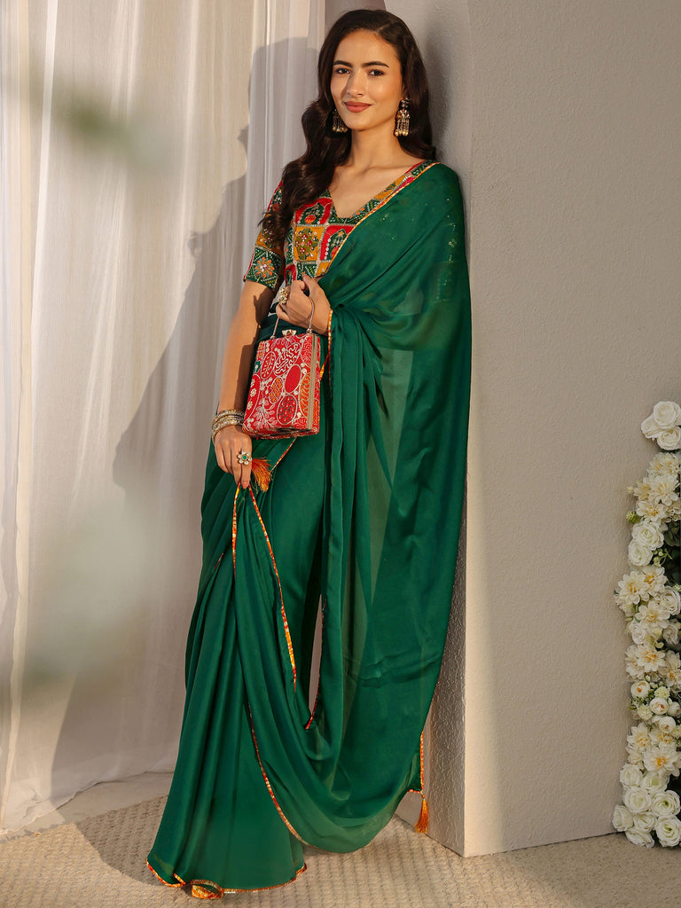 Libas Green Solid Chiffon Saree With Unstitched Blouse Piece