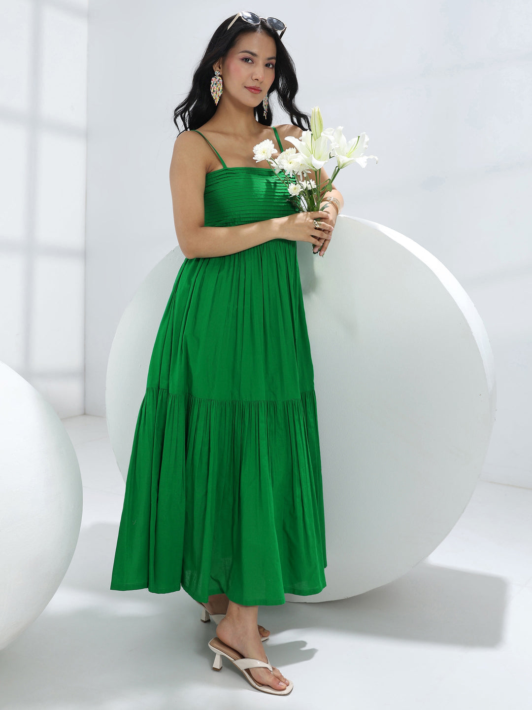  Green Solid Cotton A-Line One-Piece Dress 