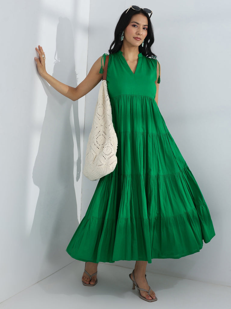 Libas Green Solid Cotton A-Line One-Piece Tiered Dress