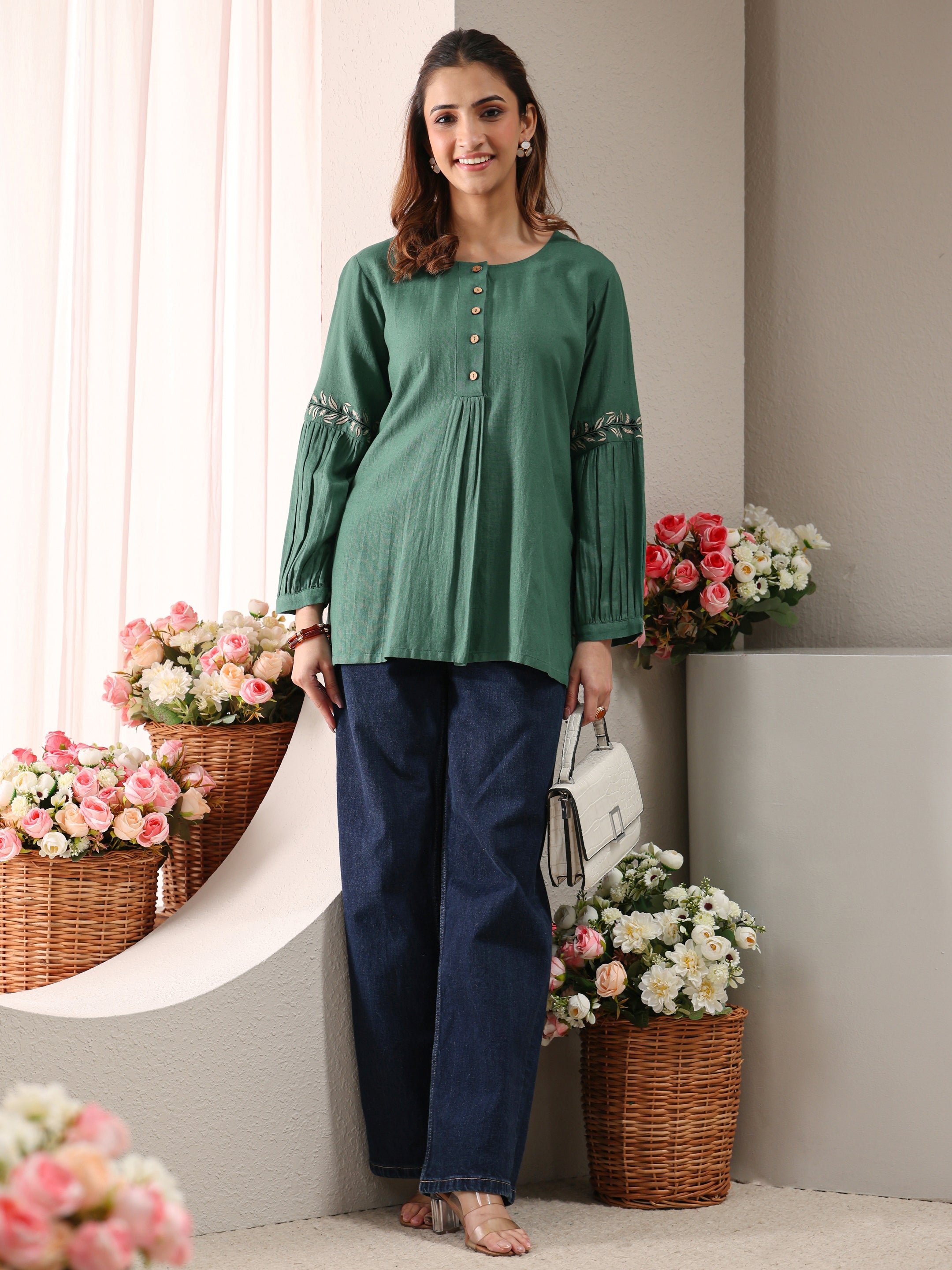 libas Green Solid Cotton A-Line Short Kurti-picture-14