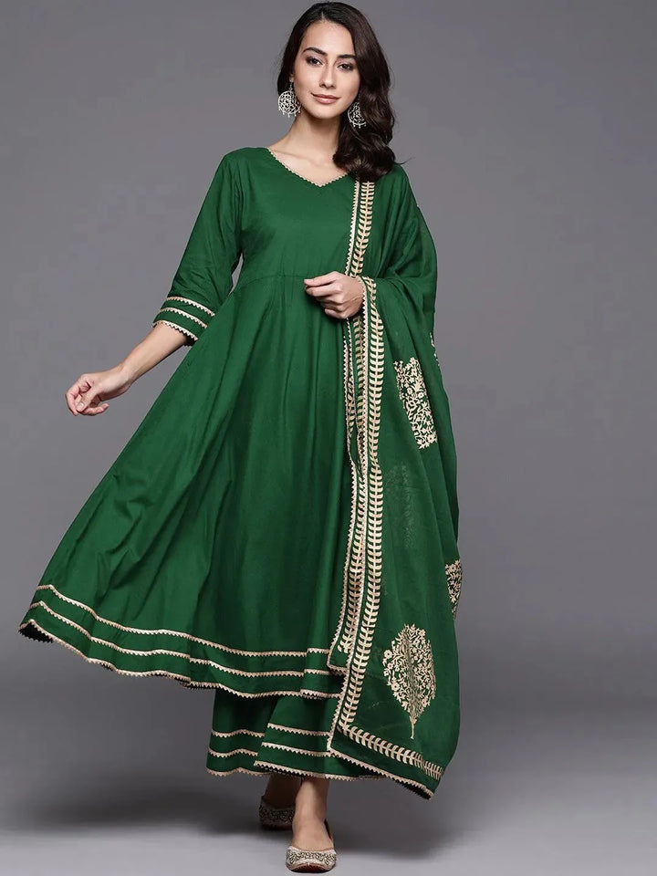 Green Solid Cotton Suit Set - Libas