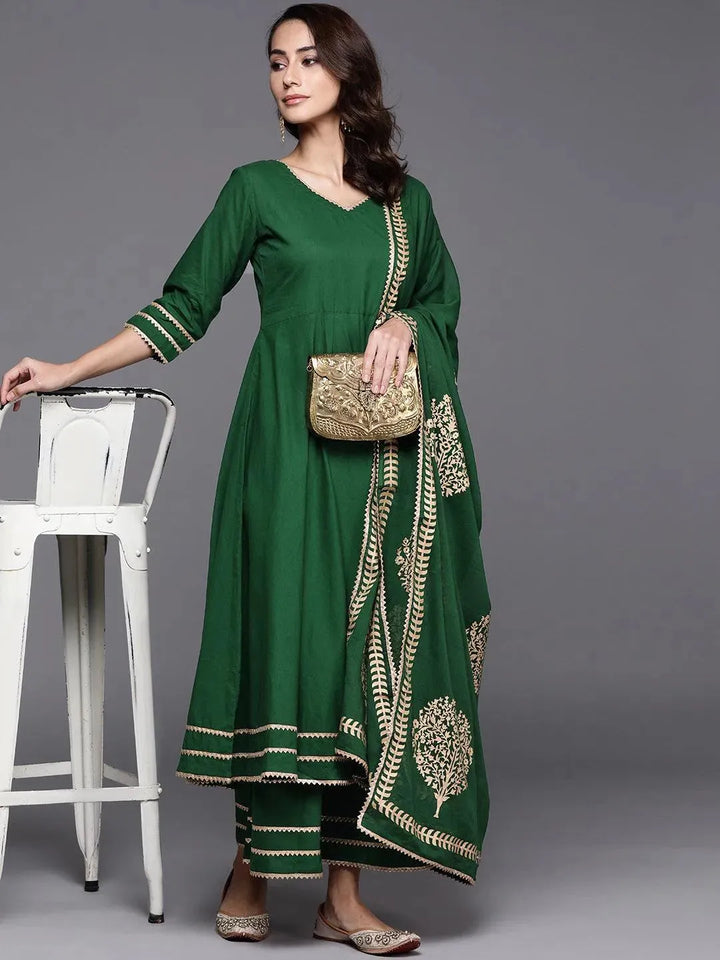 Green Solid Cotton Suit Set - Libas