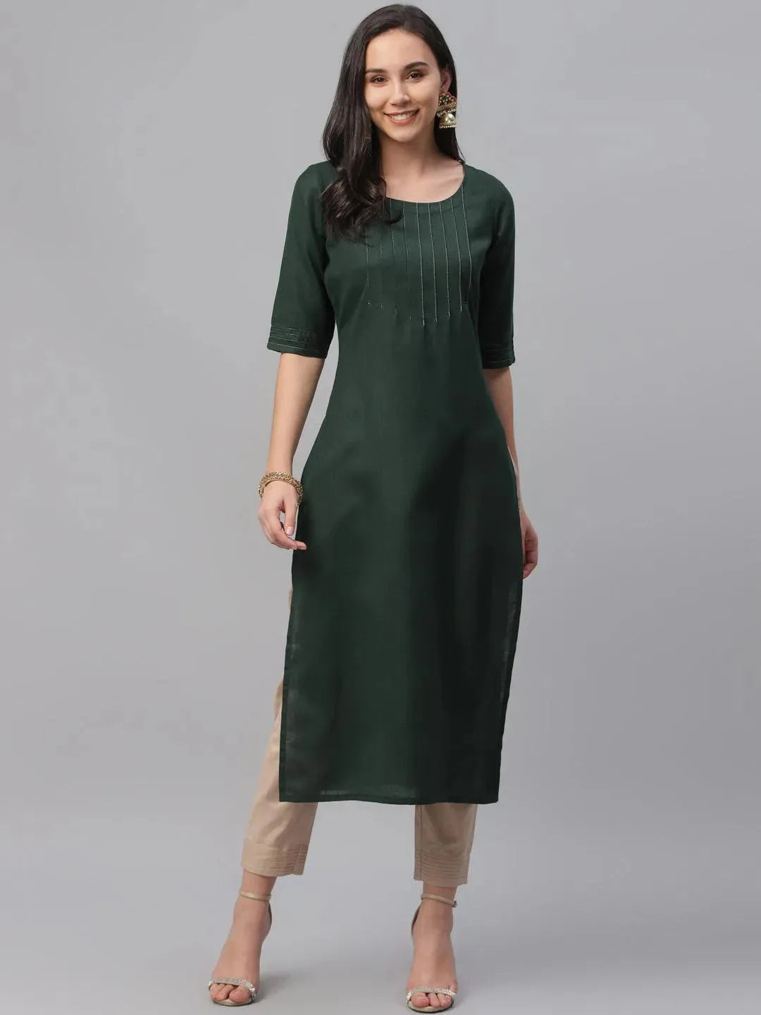 Green Solid Cotton Kurta - Libas