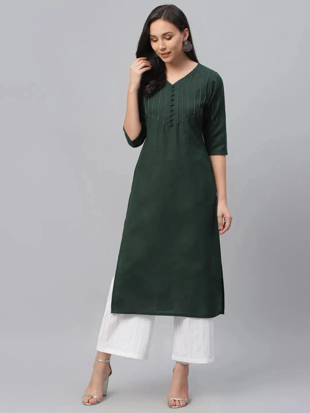 Green Solid Cotton Kurta - Libas