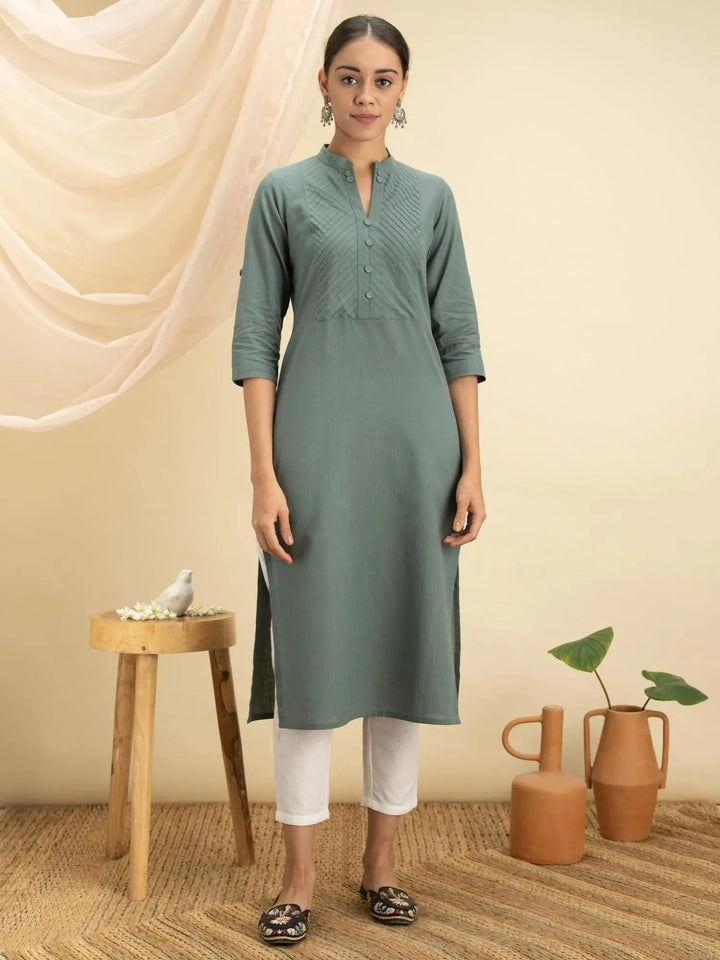 Green Solid Cotton Kurta - Libas