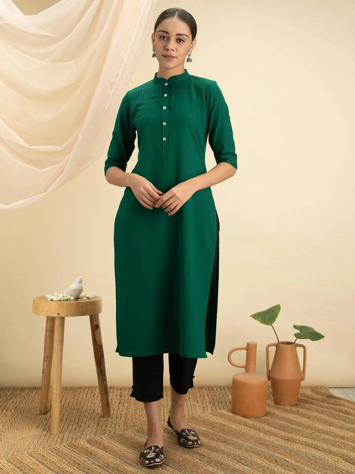 Green Solid Cotton Kurta - Libas