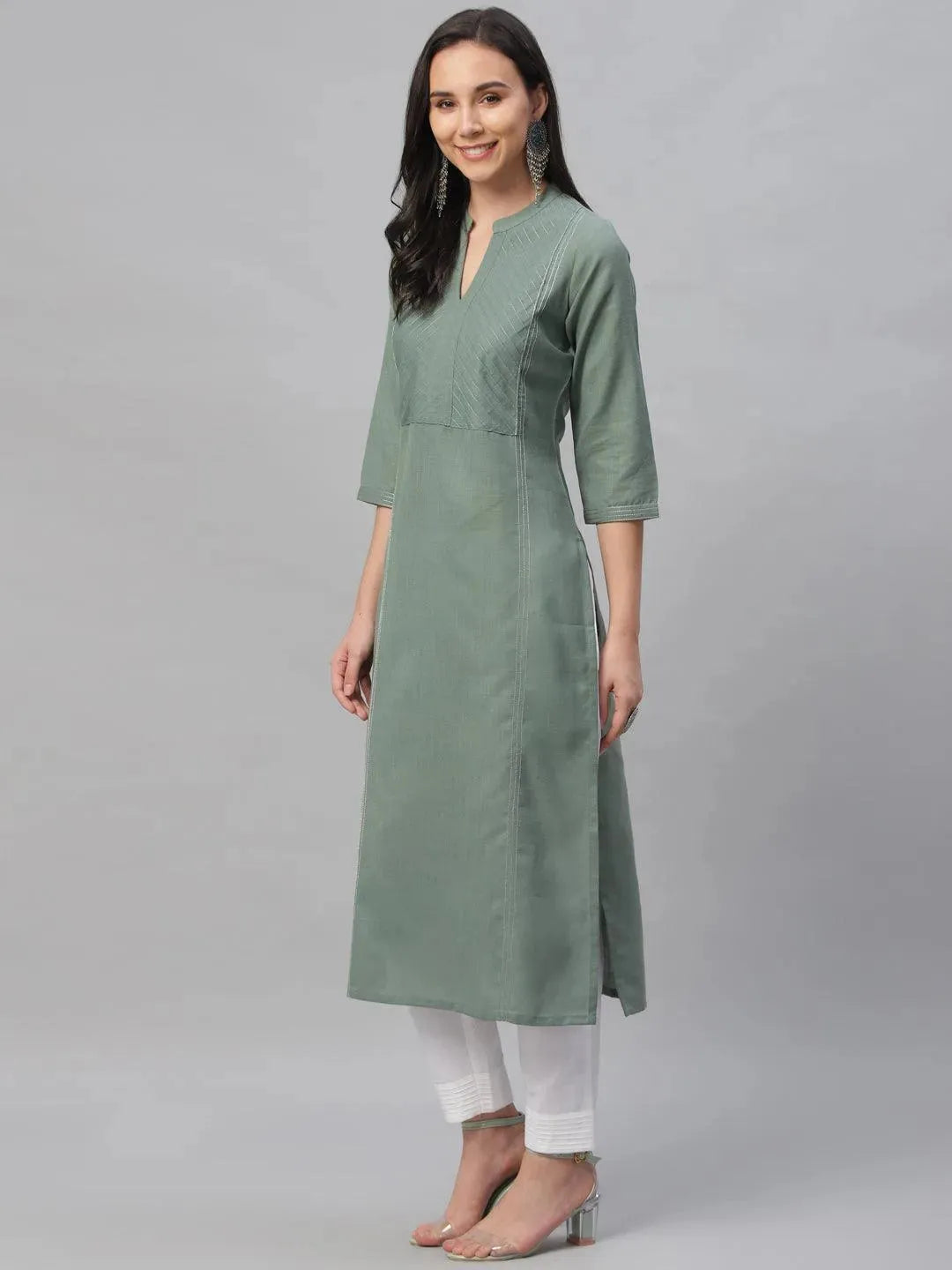 Green Solid Cotton Kurta - Libas