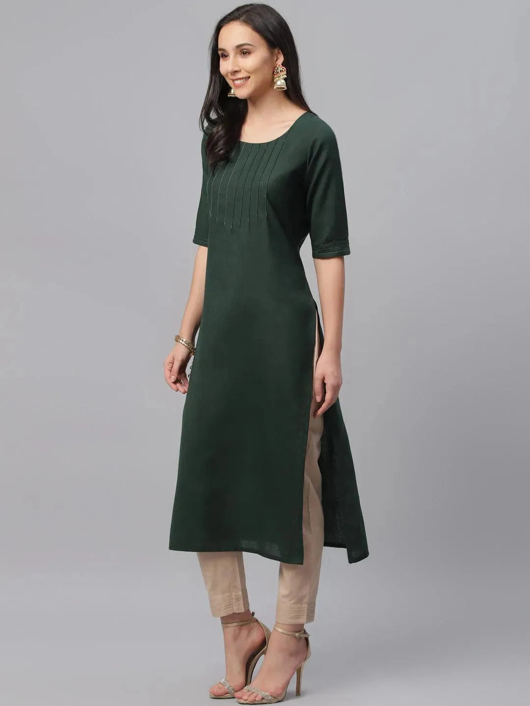 Green Solid Cotton Kurta - Libas