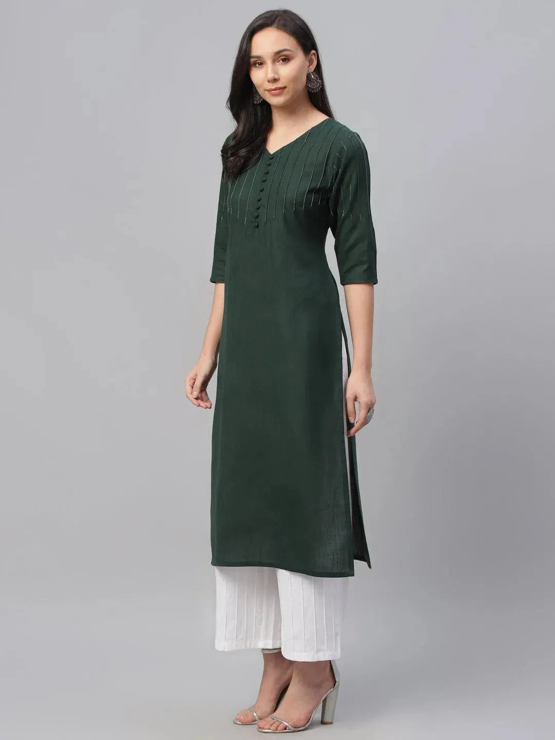Green Solid Cotton Kurta - Libas 