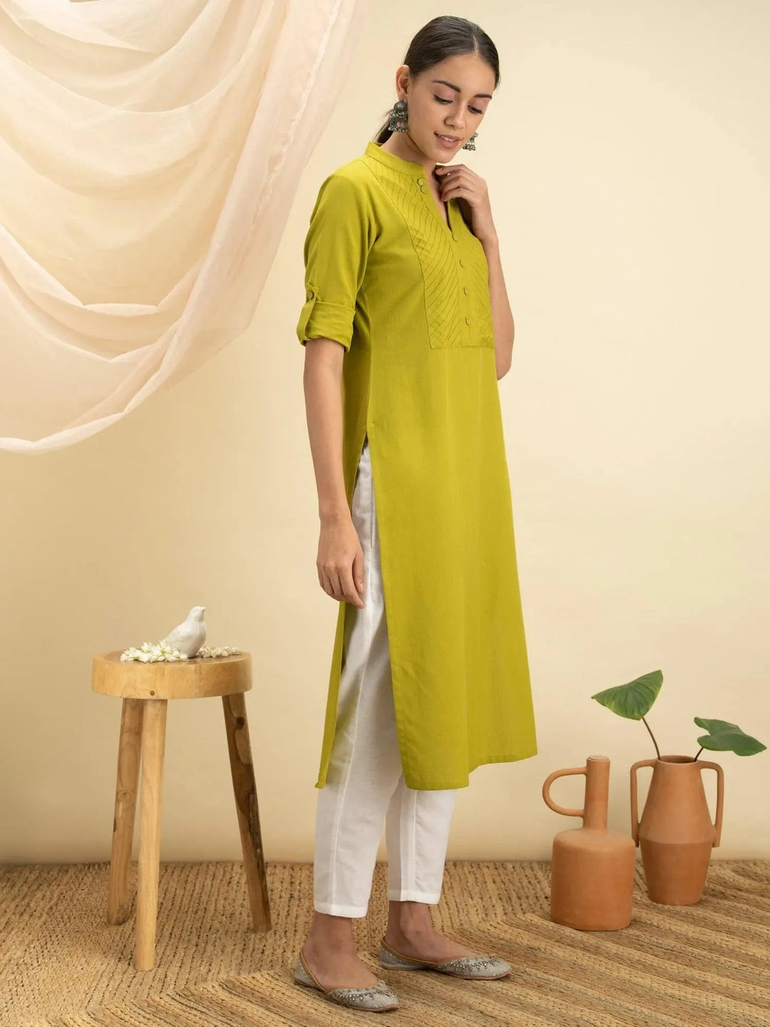 Green Solid Cotton Kurta - Libas