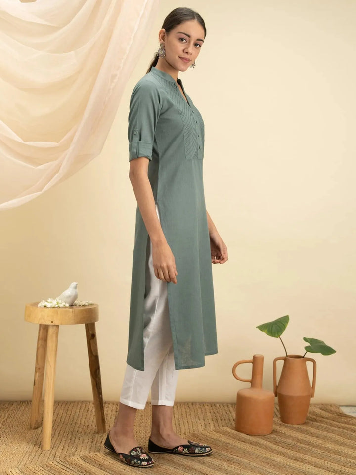 Green Solid Cotton Kurta - Libas