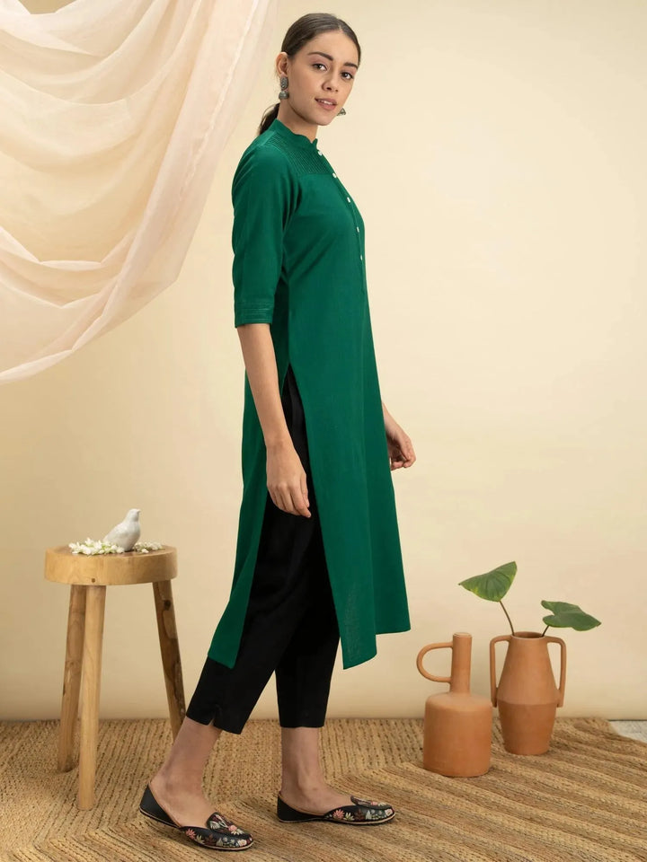 Green Solid Cotton Kurta - Libas