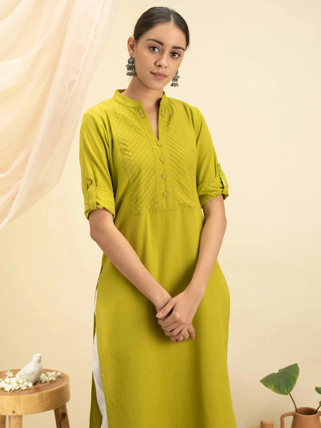 Green Solid Cotton Kurta - Libas