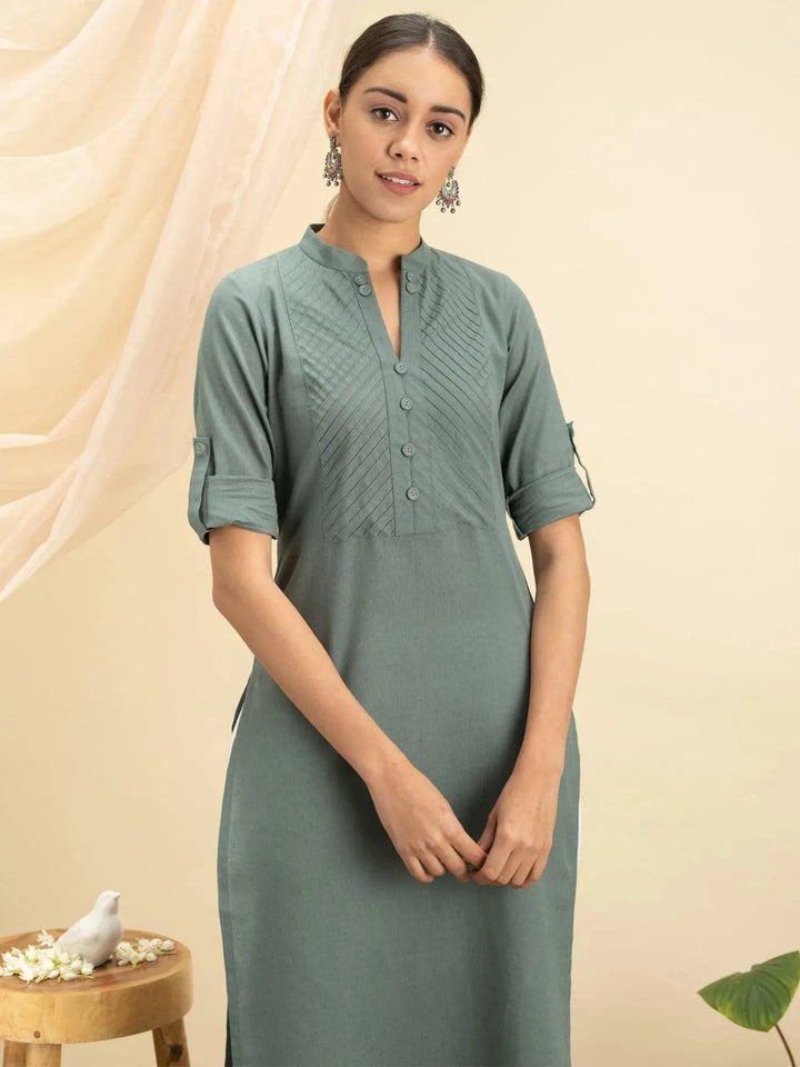 Green Solid Cotton Kurta - Libas