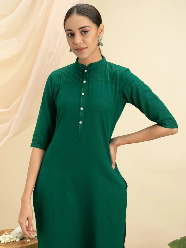 Green Solid Cotton Kurta - Libas