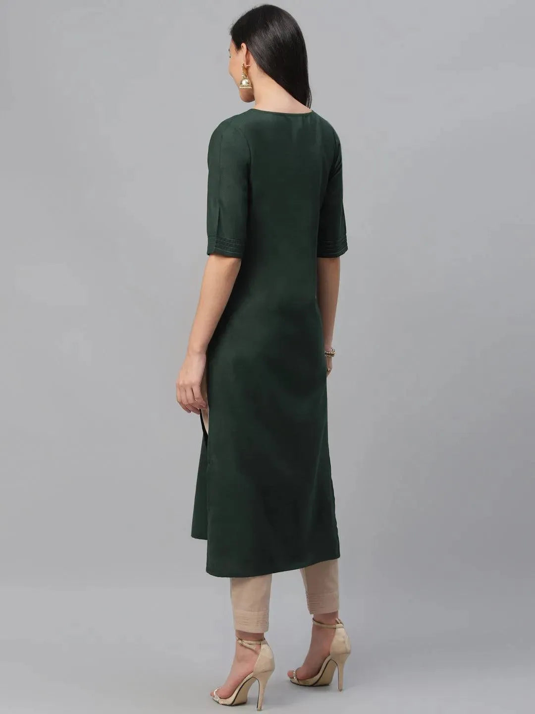 Green Solid Cotton Kurta - Libas 