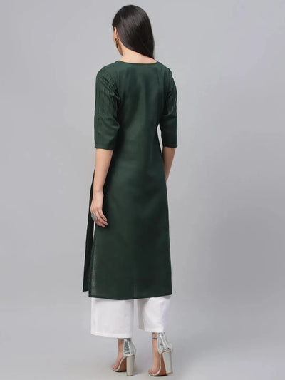 Green Solid Cotton Kurta - Libas