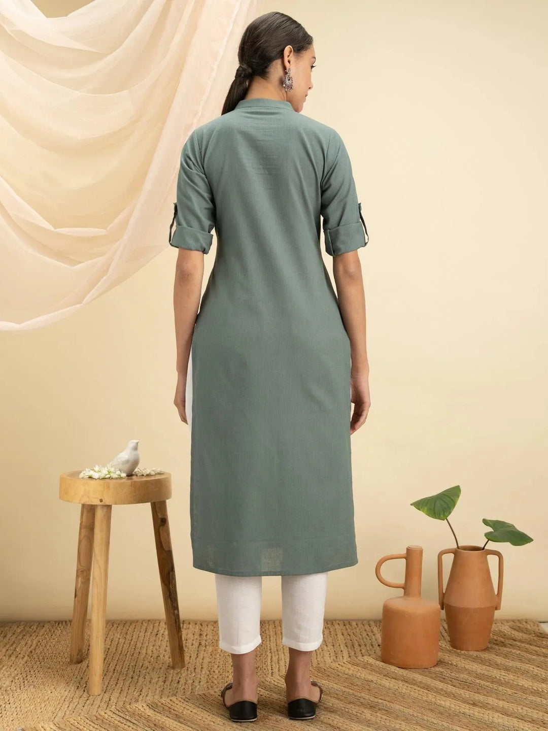 Green Solid Cotton Kurta - Libas 