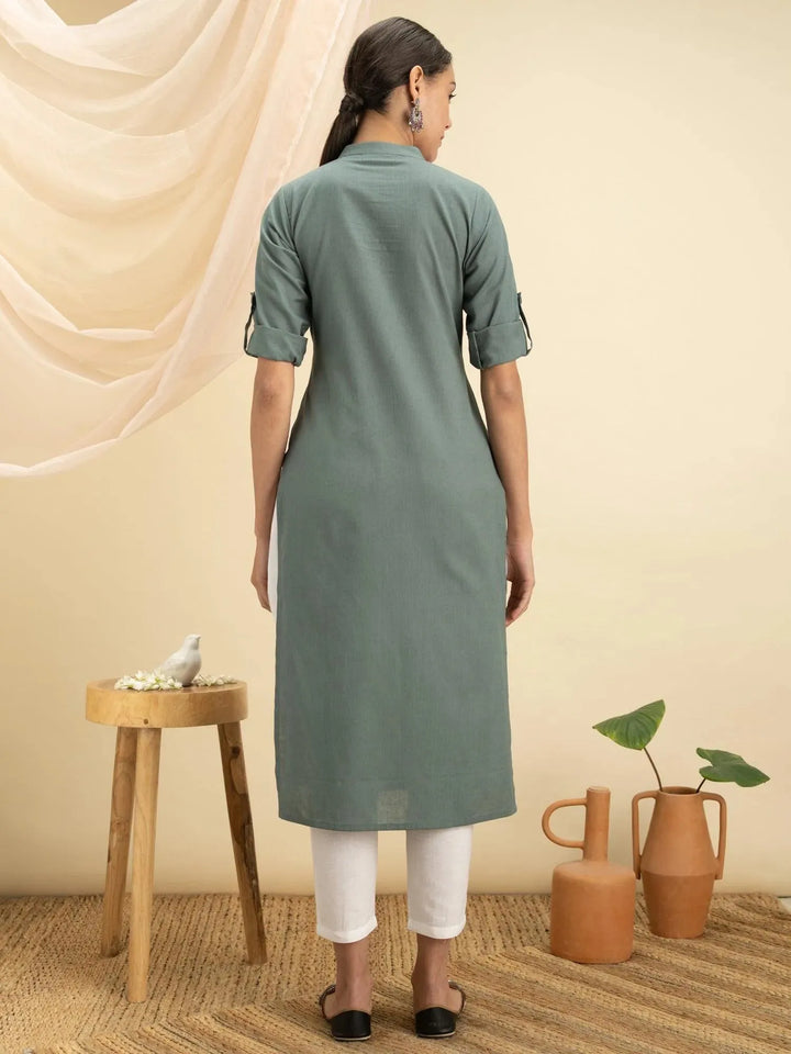 Green Solid Cotton Kurta - Libas