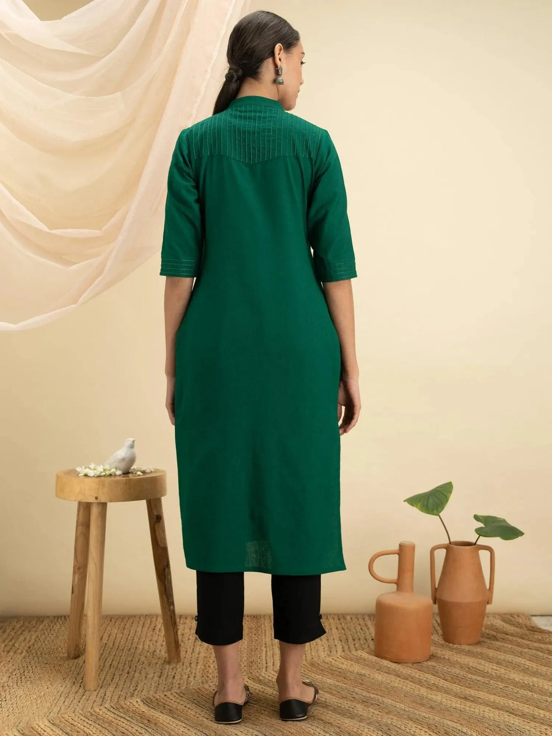 Green Solid Cotton Kurta - Libas