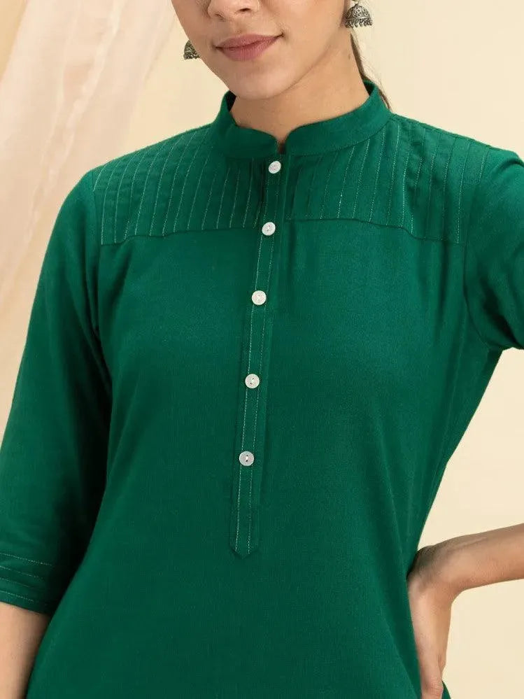 Green Solid Cotton Kurta - Libas