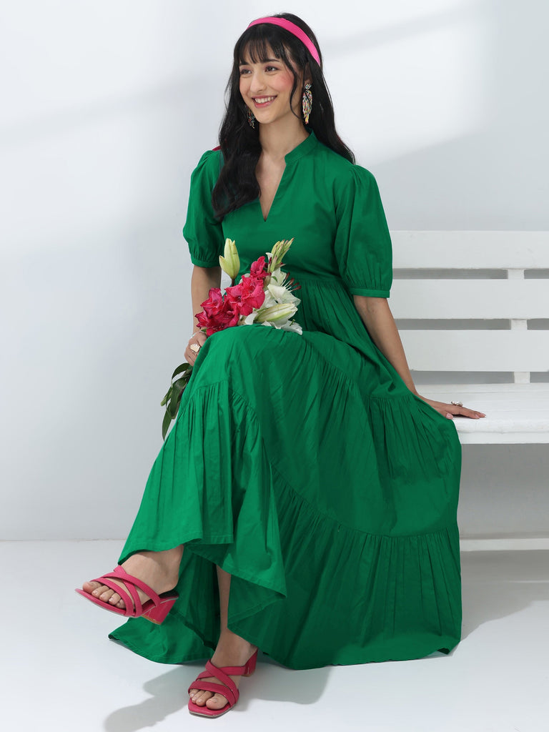 Libas Green Solid Cotton One-Piece Tiered Dress