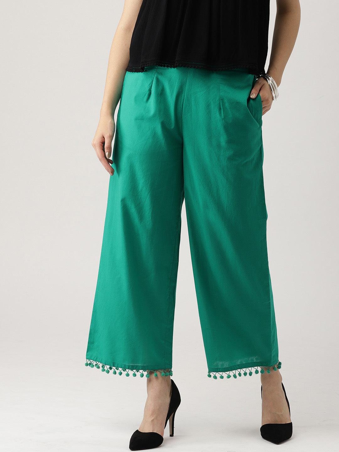 Green Solid Cotton Palazzos