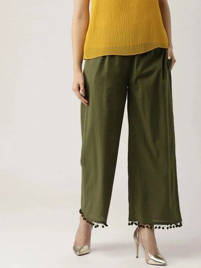 Green Solid Cotton Palazzos - Libas