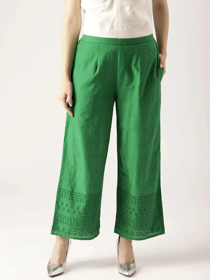 Green Solid Cotton Palazzos - Libas