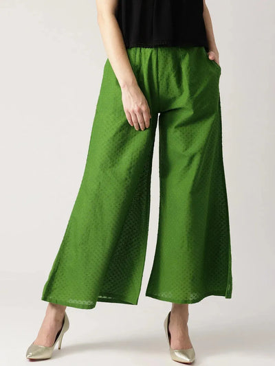 Green Solid Cotton Palazzos - Libas