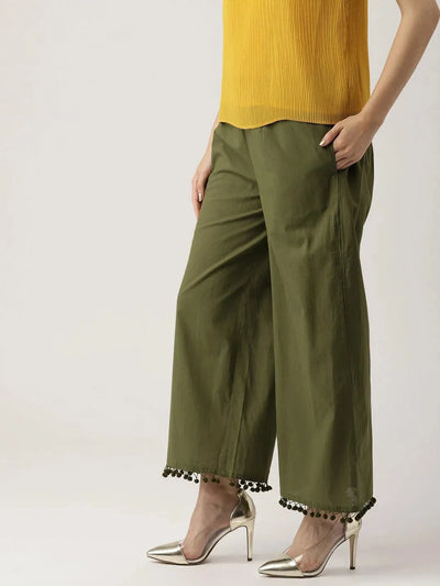 Green Solid Cotton Palazzos - Libas