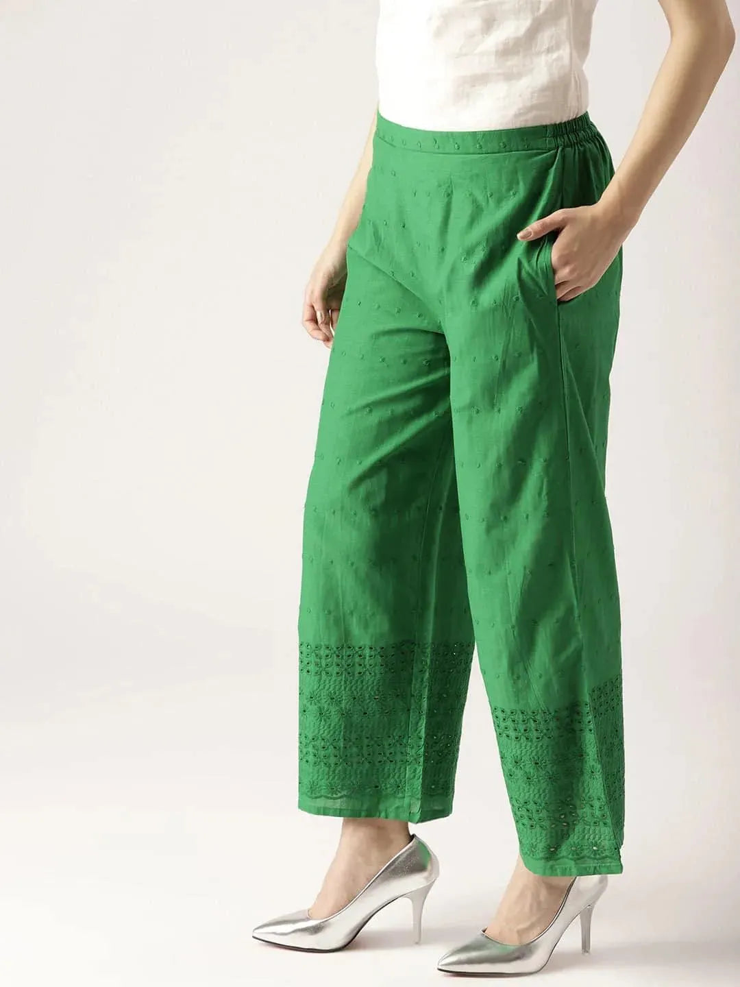 Green Solid Cotton Palazzos - Libas