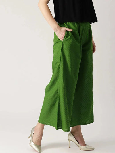 Green Solid Cotton Palazzos - Libas