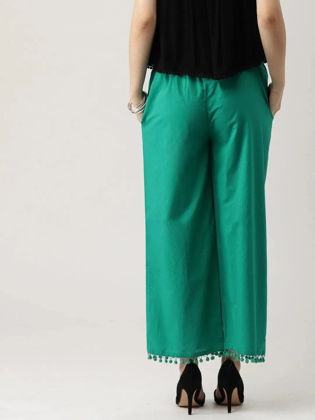 Green Solid Cotton Palazzos - Libas 
