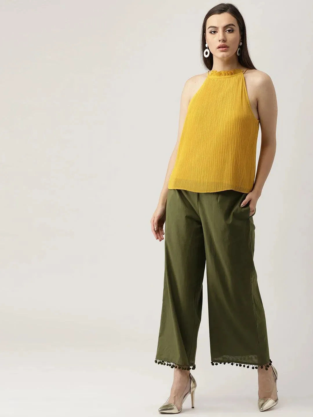 Green Solid Cotton Palazzos - Libas