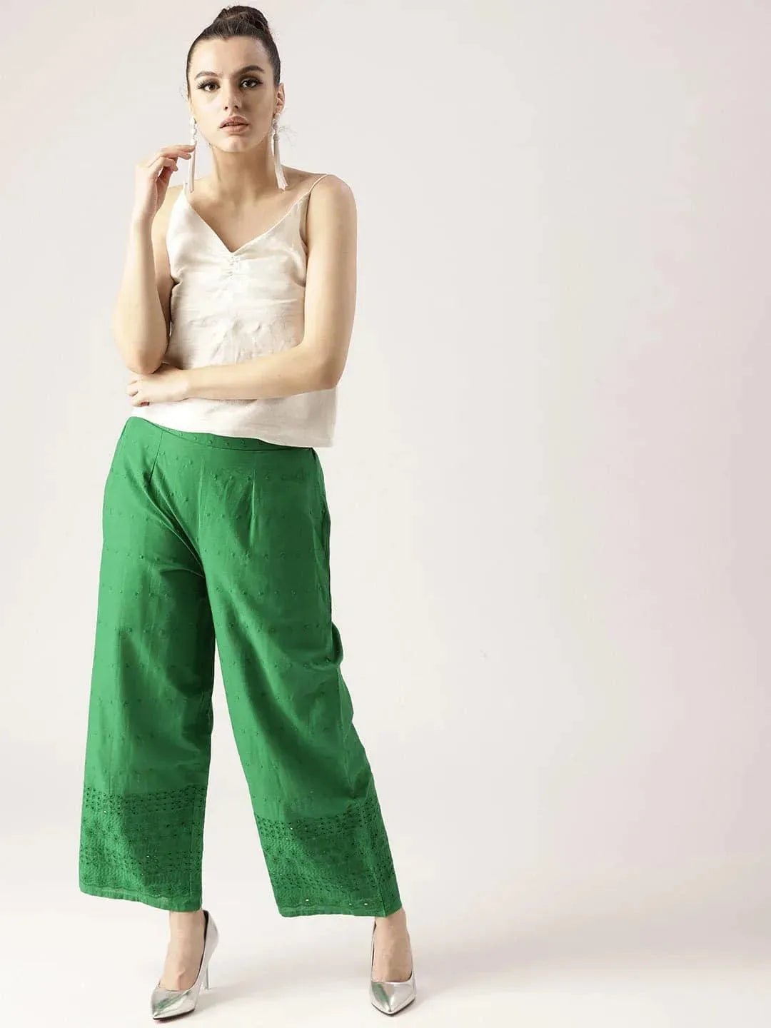 Green Solid Cotton Palazzos - Libas 