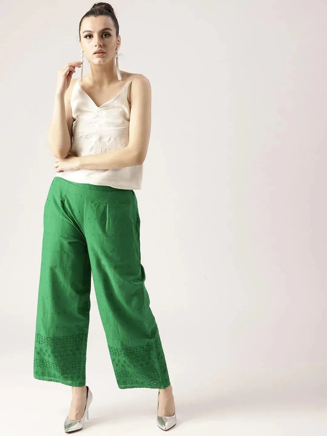 Green Solid Cotton Palazzos - Libas