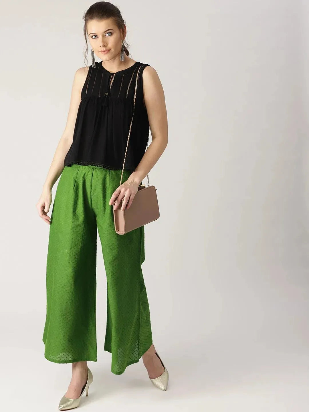 Green Solid Cotton Palazzos - Libas