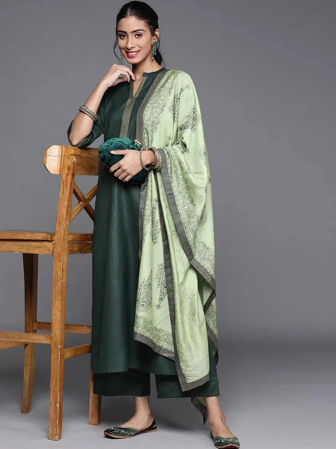 Green Solid Cotton Suit Set - Libas