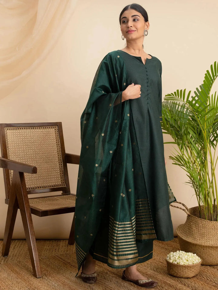 Green Solid Cotton Suit Set - Libas